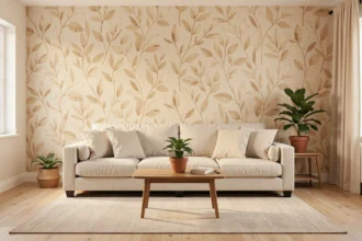 Salon de location décoré avec un papier peint motif beige aux imprimés botaniques discrets sur un mur accent