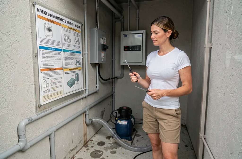 Femme consultant une fiche de sécurité lors du branchement d'une pompe de piscine enterrée dans un local technique