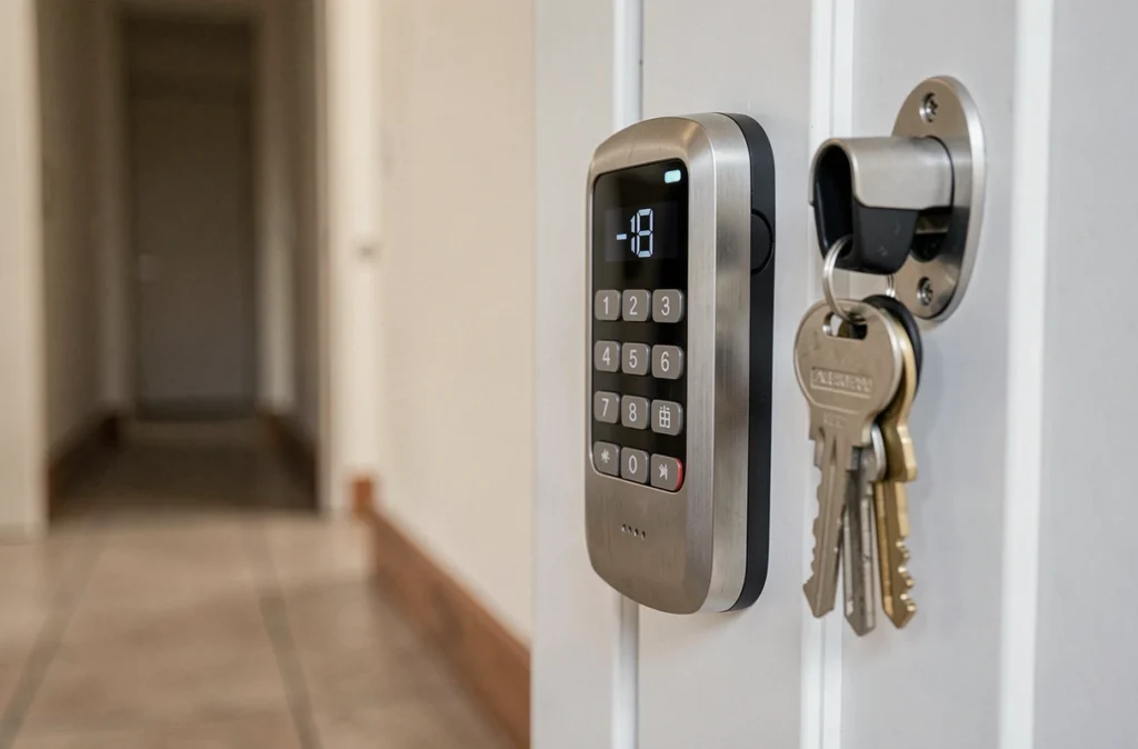 Serrure connectée avec clavier numérique installée sur une porte d'entrée intérieure moderne