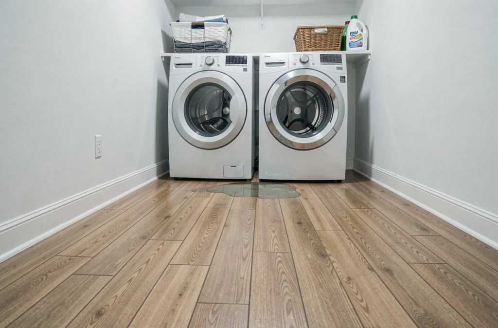 Sol en vinyle LVP imitation bois dans une buanderie résidentielle avec lave-linge encastré