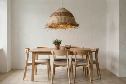 Suspension en rotin et fibres de jute tressées au-dessus d'une table en bois dans un intérieur minimaliste scandinave