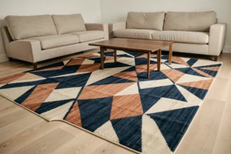 Tapis graphique à motifs géométriques en bleu marine et terracotta transformant un salon neutre minimaliste avec canapé en lin beige et parquet chêne