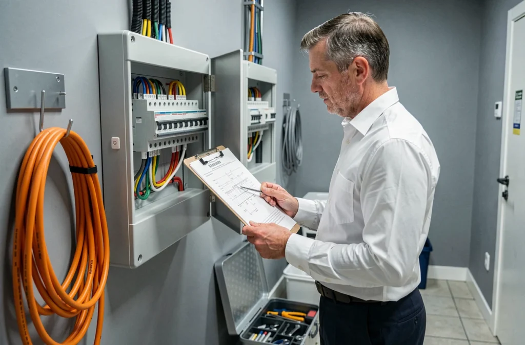 Technicien analysant un schéma électrique devant un tableau de distribution dans un local technique