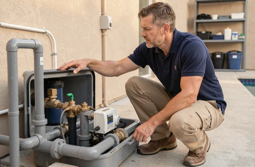 Technicien inspectant le système de filtration automatisée d'une piscine résidentielle avec pompe et capteurs visibles