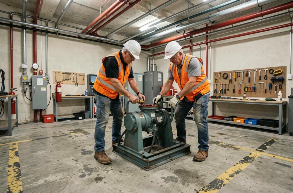 Deux techniciens inspectant une pompe hydraulique dans un local technique industriel avec équipements de sécurité