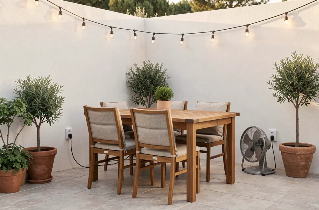 Terrasse aménagée avec prises électriques étanches alimentant guirlandes lumineuses et ventilateur extérieur