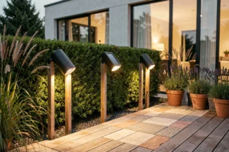 Terrasse résidentielle moderne avec spots solaires extérieurs sur piquets en bois éclairant une allée en pierre et une haie taillée au crépuscule