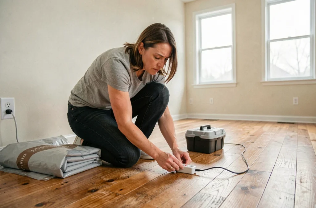 Femme testant une prise électrique dans un appartement vide avant emménagement