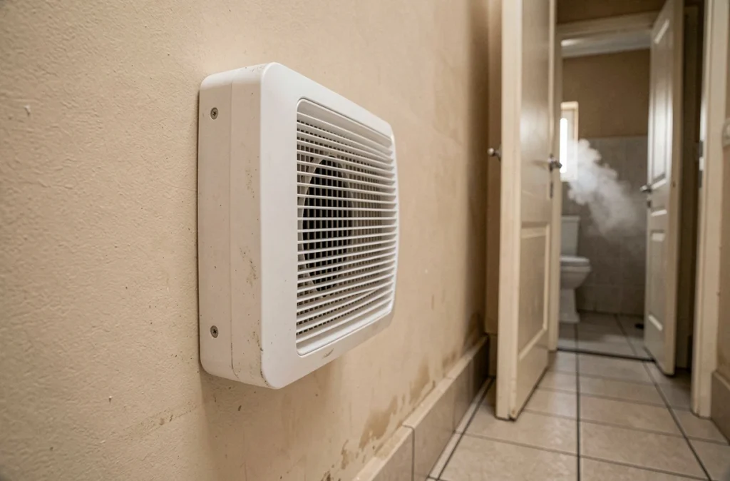 Unité de ventilation mécanique contrôlée VMC installée dans un couloir de maison avec traces d'humidité sur les murs