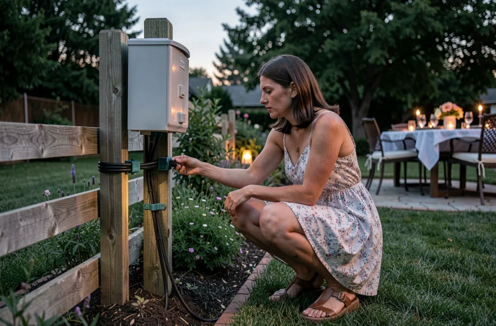 Femme vérifiant la fixation de câbles électriques extérieurs sécurisés le long d'une clôture avant une soirée d'été en jardin