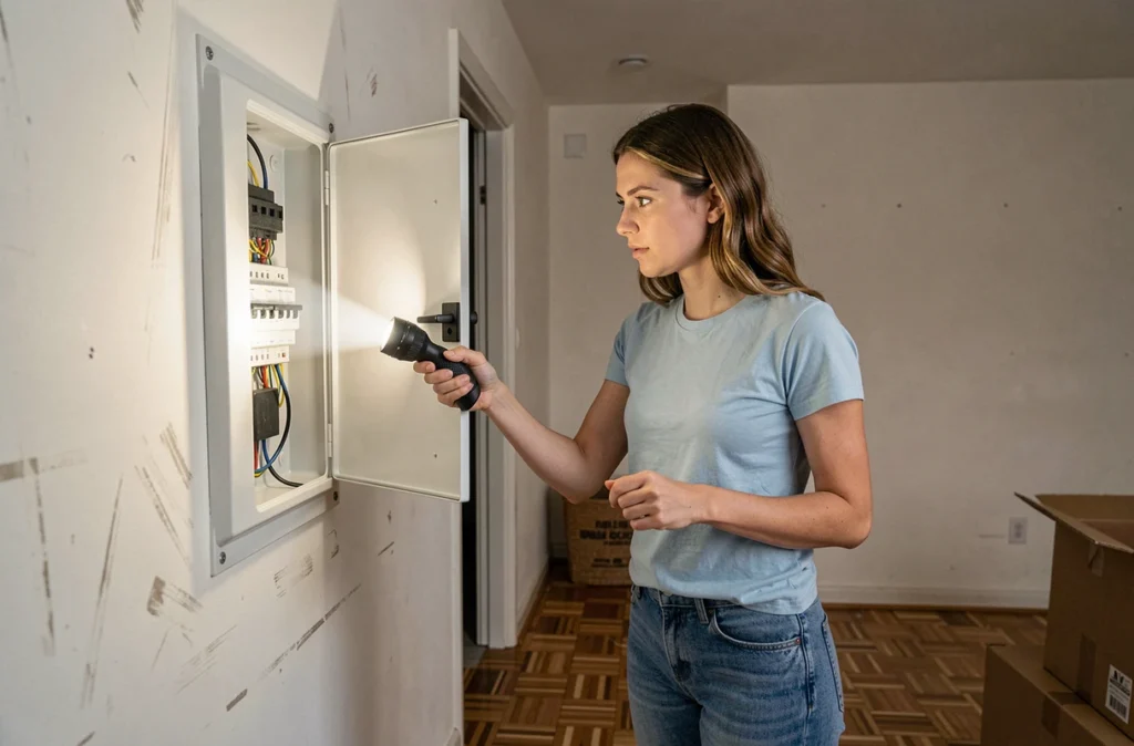 Femme inspectant le tableau électrique d'un appartement vide avant un emménagement avec une lampe torche