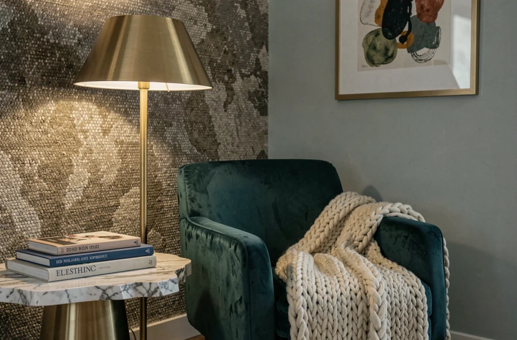 Vignette décorative associant velours sarcelle, marbre brut, laiton brossé et bouclé dans un salon élégant