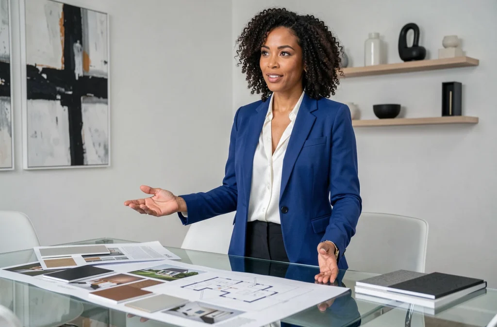Afisa Jacquin-Ravot de l'agence Adelila présentant un projet de design d'intérieur résidentiel sur une table de réunion