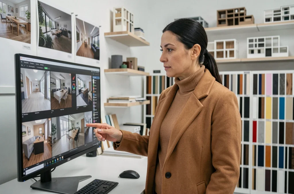 Aline Promez de A.L Intérieurs examinant des rendus 3D de projets d'architecture intérieure dans son studio