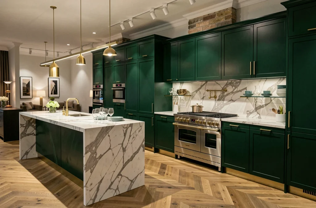 Cuisine haut de gamme Arthur Bonnet en vert forêt laqué avec îlot en marbre Calacatta dans un showroom de l'agglomération bordelaise
