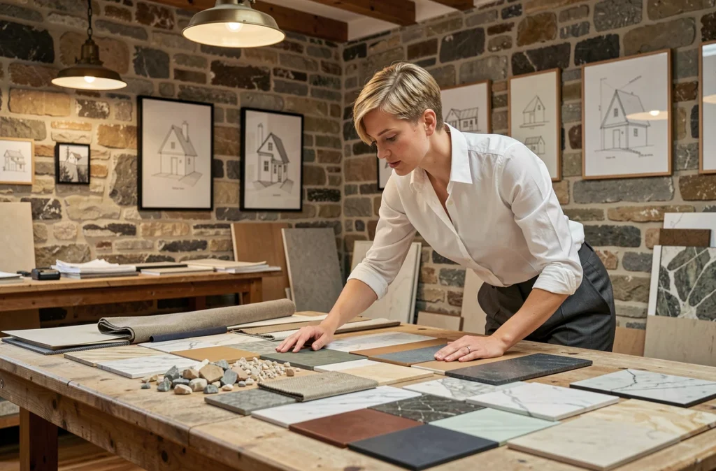 Constance Berthier de BC Ateliers examinant des échantillons de matériaux dans son atelier de création architecturale