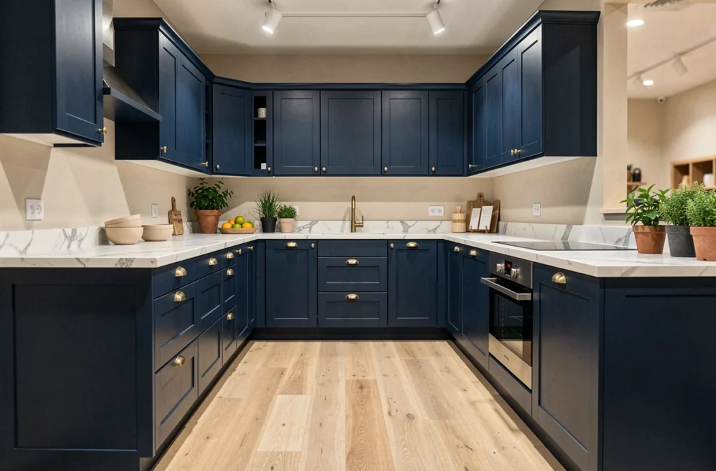 Cuisine Cuisinella en bleu marine avec poignées dorées exposée dans le showroom d'Agen