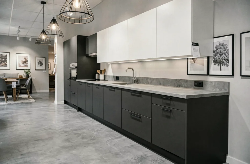 Cuisine bicolore gris anthracite et blanc exposée dans le showroom Cuisines Monmaurt à Brive-la-Gaillarde