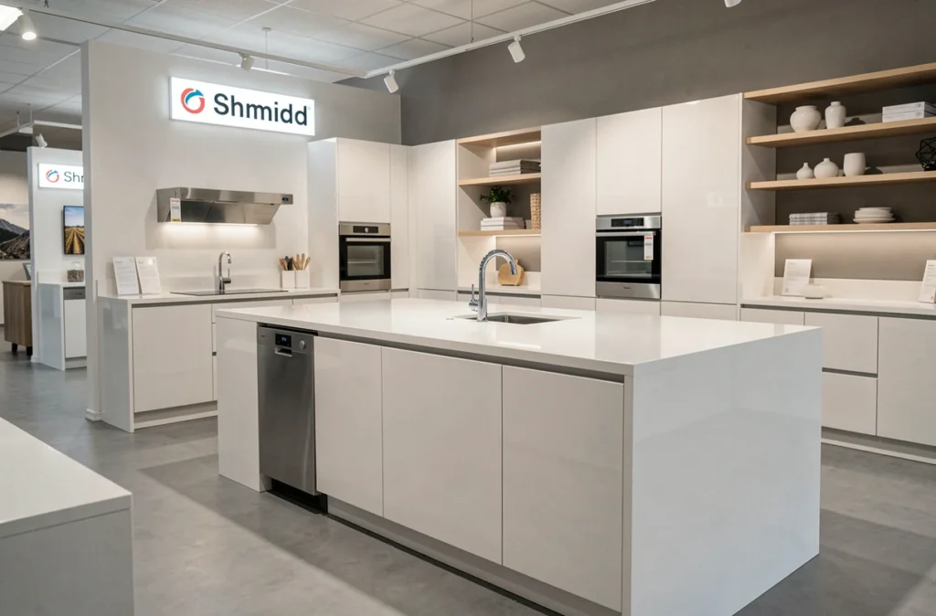 Cuisine design blanche exposée dans le showroom Cuisines Schmidt à Chauray avec ilot central en quartz