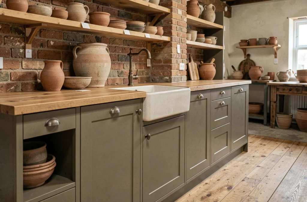 Cuisine artisanale sur mesure exposée chez Cuisines Teissa à Surgères avec évier en céramique et étagères en bois