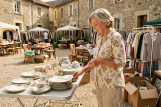 Femme examinant de la vaisselle vintage sur un stand de vide-grenier dans un village du 79
