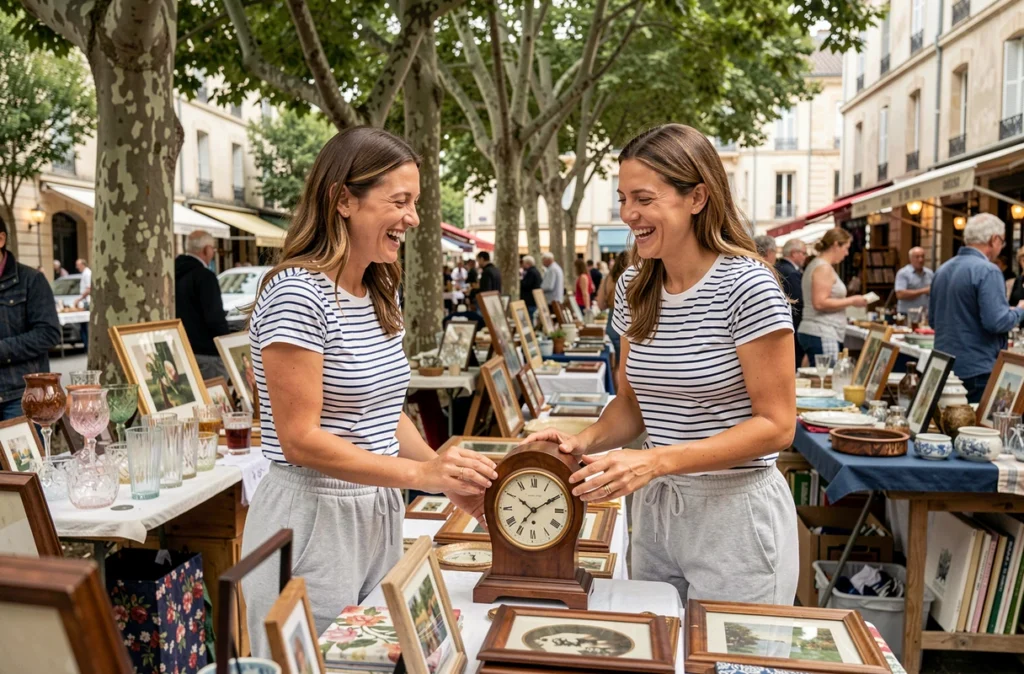 Deux femmes en train de négocier le prix d'une horloge vintage lors d'un vide-grenier dans le 79