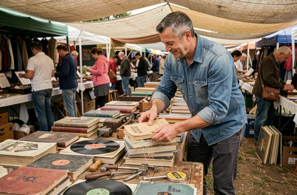 Homme parcourant des livres anciens et des vinyles à un vide-grenier en plein air dans les Deux-Sèvres