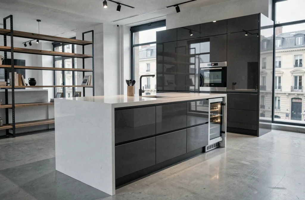 Cuisine anthracite high-gloss avec ilot en quartz présentée dans le showroom Ixina de Bordeaux