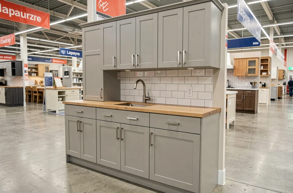 Modèle de cuisine grise style shaker exposé en magasin Lapeyre à Chauray avec crédence en carrelage métro