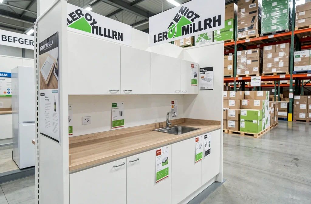 Présentation d'une cuisine blanche accessible exposée en magasin Leroy Merlin à Bergerac avec plan de travail bois clair