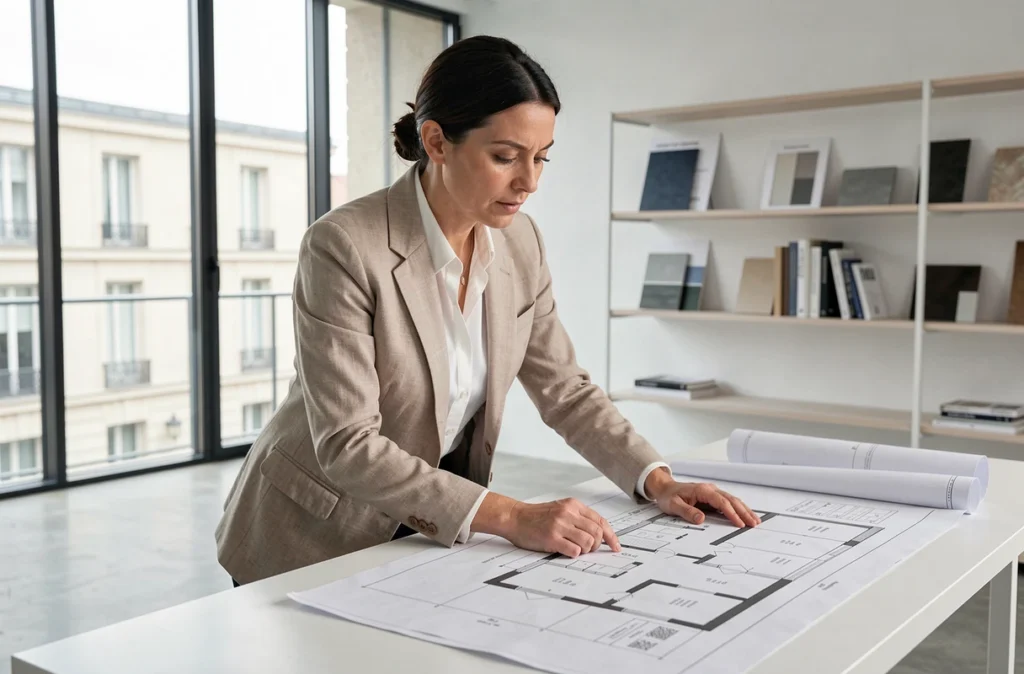 Marion Lanoë, architecte d'intérieur à Lyon, examinant des plans architecturaux dans son studio contemporain