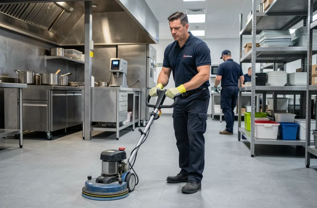 Un professionnel de Mega Nettoyage utilise une machine à récurer le sol dans une cuisine collective d'un complexe résidentiel français