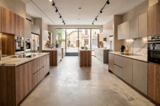 Intérieur d'un showroom de cuisinistes en Nouvelle-Aquitaine avec plusieurs espaces de présentation de cuisines modernes