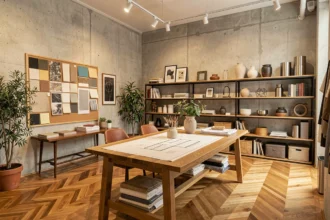 Vue panoramique d'un studio de décoration d'intérieur dans le Rhône, avec des échantillons de matériaux, des plans d'architecture et des meubles contemporains exposés