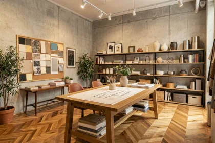 Vue panoramique d'un studio de décoration d'intérieur dans le Rhône, avec des échantillons de matériaux, des plans d'architecture et des meubles contemporains exposés