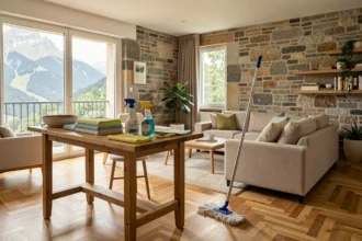 Vue grand angle d'un appartement français propre et bien rangé avec du matériel de ménage professionnel posé sur une table en bois, évoquant les services de ménage à domicile en Auvergne-Rhône-Alpes