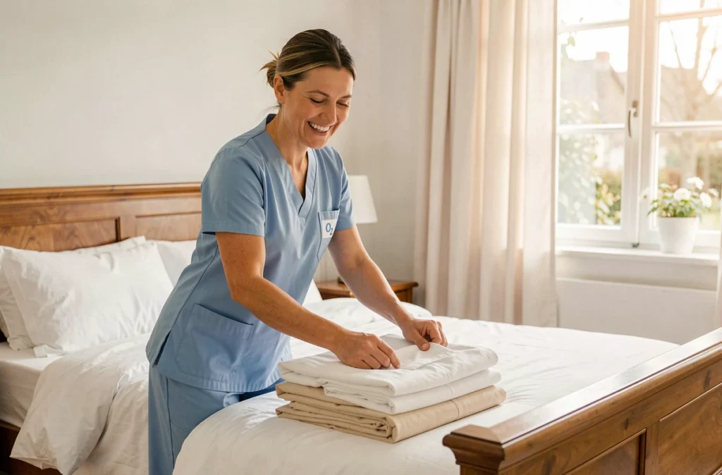 Une aide à domicile d'O2 Care Services en uniforme bleu ciel plie du linge propre dans une chambre lumineuse d'une maison française