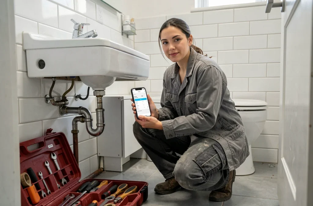 Plombière utilisant une application mobile de devis sur chantier dans une salle de bain avec tuyauterie apparente