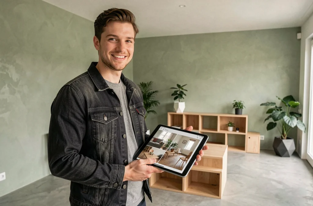 Décorateur de Renoolab à Vénissieux tenant une tablette avec des résultats de rénovation dans un appartement contemporain rénové