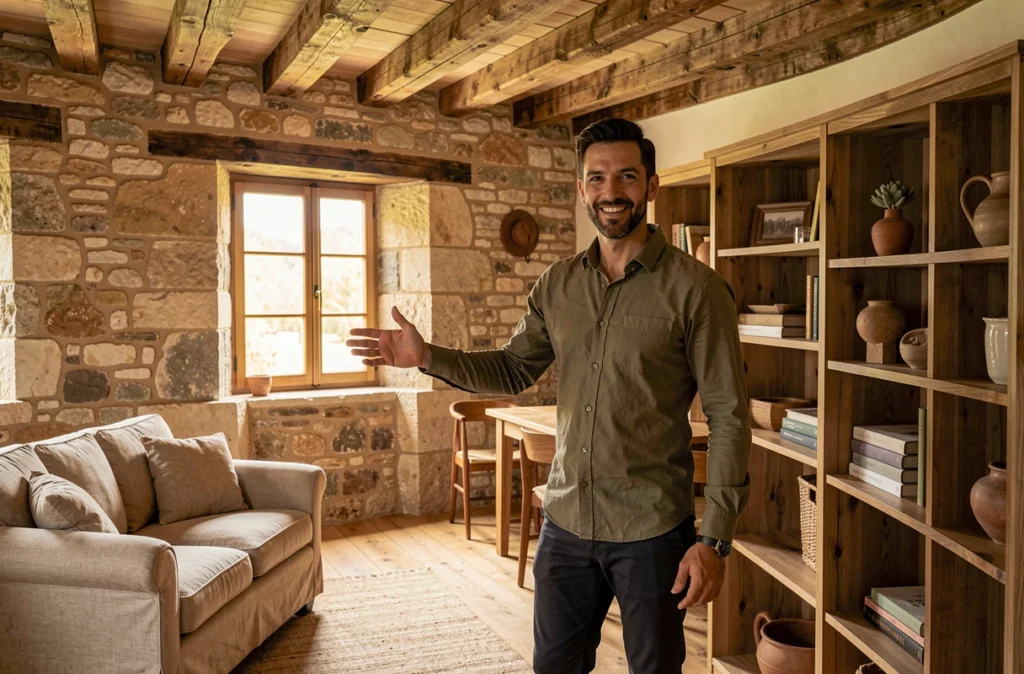 Sacha Goutorbe, architecte d'intérieur à Civrieux-d'Azergues, dans un intérieur de maison rénovée aux murs en pierre