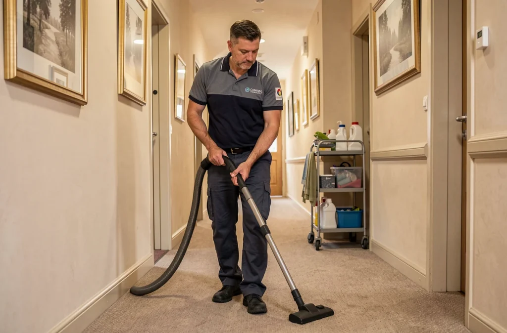 Un technicien de ménage de la SARL SPEB en uniforme passe l'aspirateur dans le couloir d'un immeuble résidentiel français