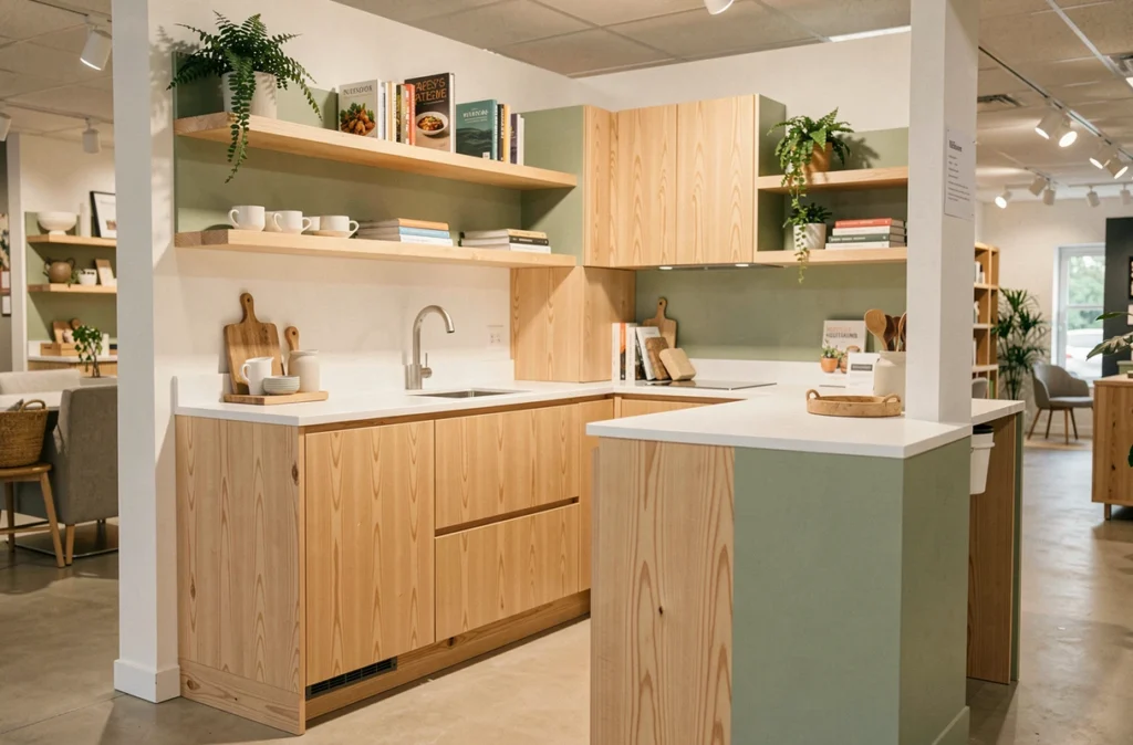 Cuisine scandinave en bois de bouleau et vert sauge présentée dans un showroom SoCoo'c en Nouvelle-Aquitaine
