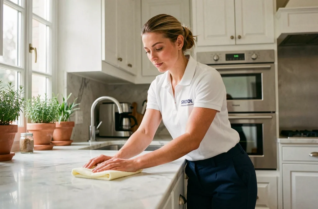 Une professionnelle du ménage de la société Tylliance en tenue de travail polit un plan de travail en marbre dans une cuisine française haut de gamme