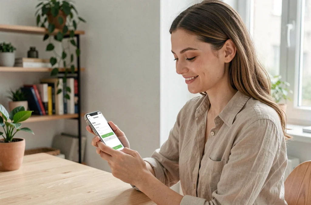 Une jeune femme réserve un service de ménage à domicile via l'application mobile Wecasa sur son smartphone dans un appartement moderne