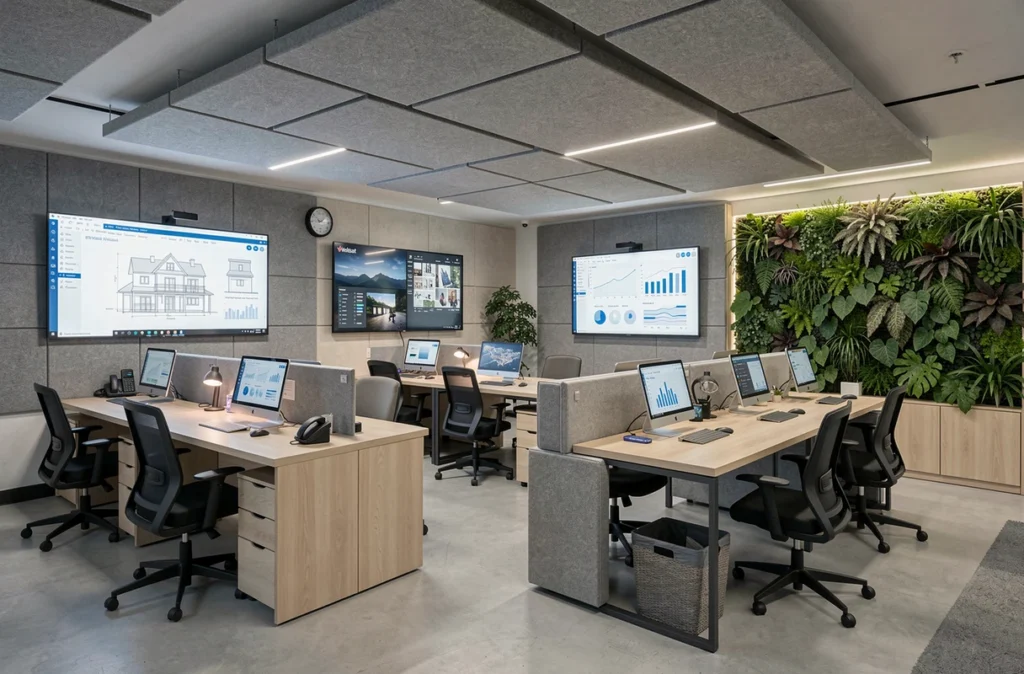 Bureau moderne de l'agence Wellsat avec postes de travail ergonomiques, écrans de plans architecturaux et zones collaboratives