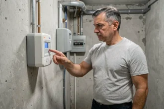 Homme examinant attentivement un compteur Linky dans un local technique résidentiel avant de l'éteindre en toute sécurité